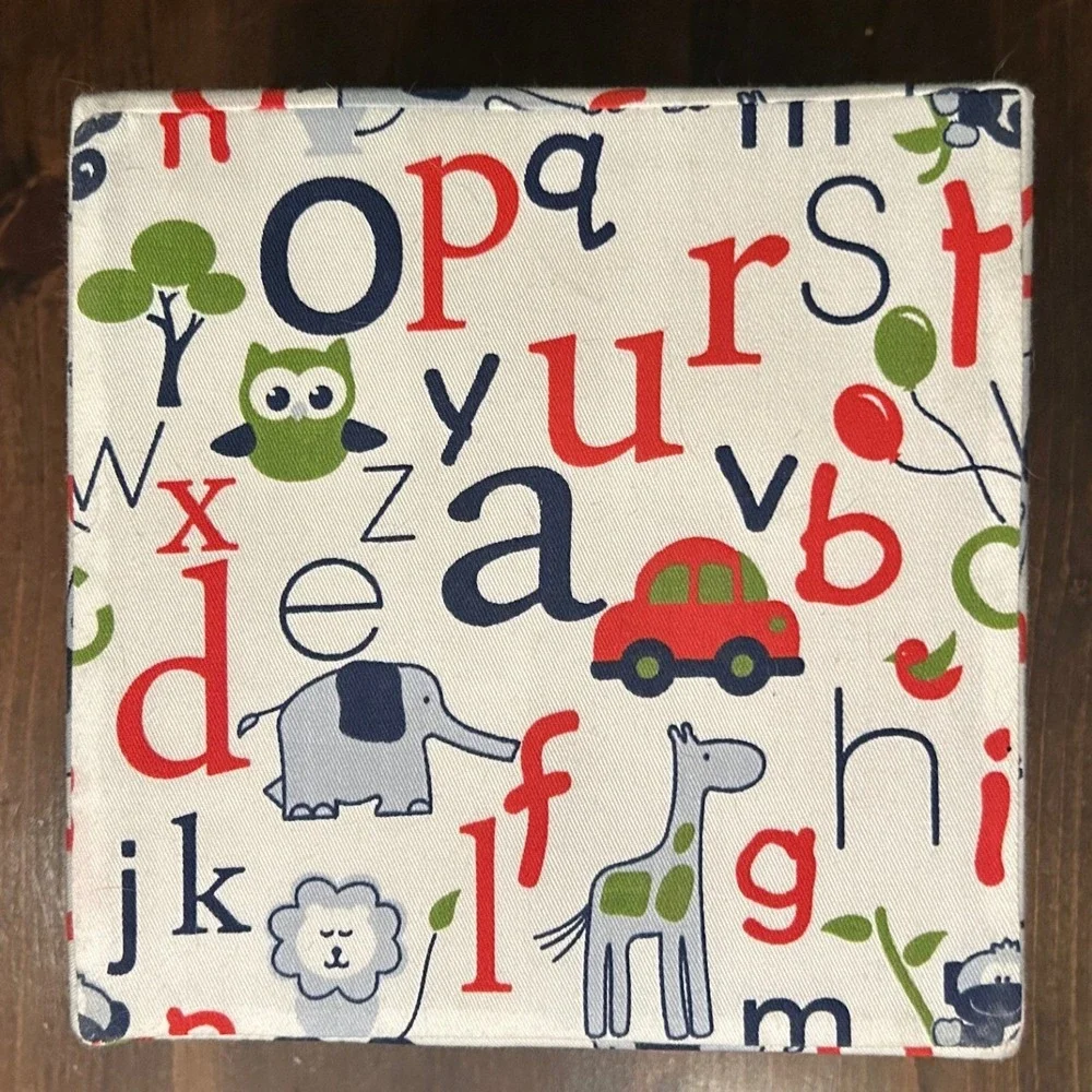 Alphabet Animal Storage‎ Box Kids Fabric Lid Blue White Giraffe Cars Educational